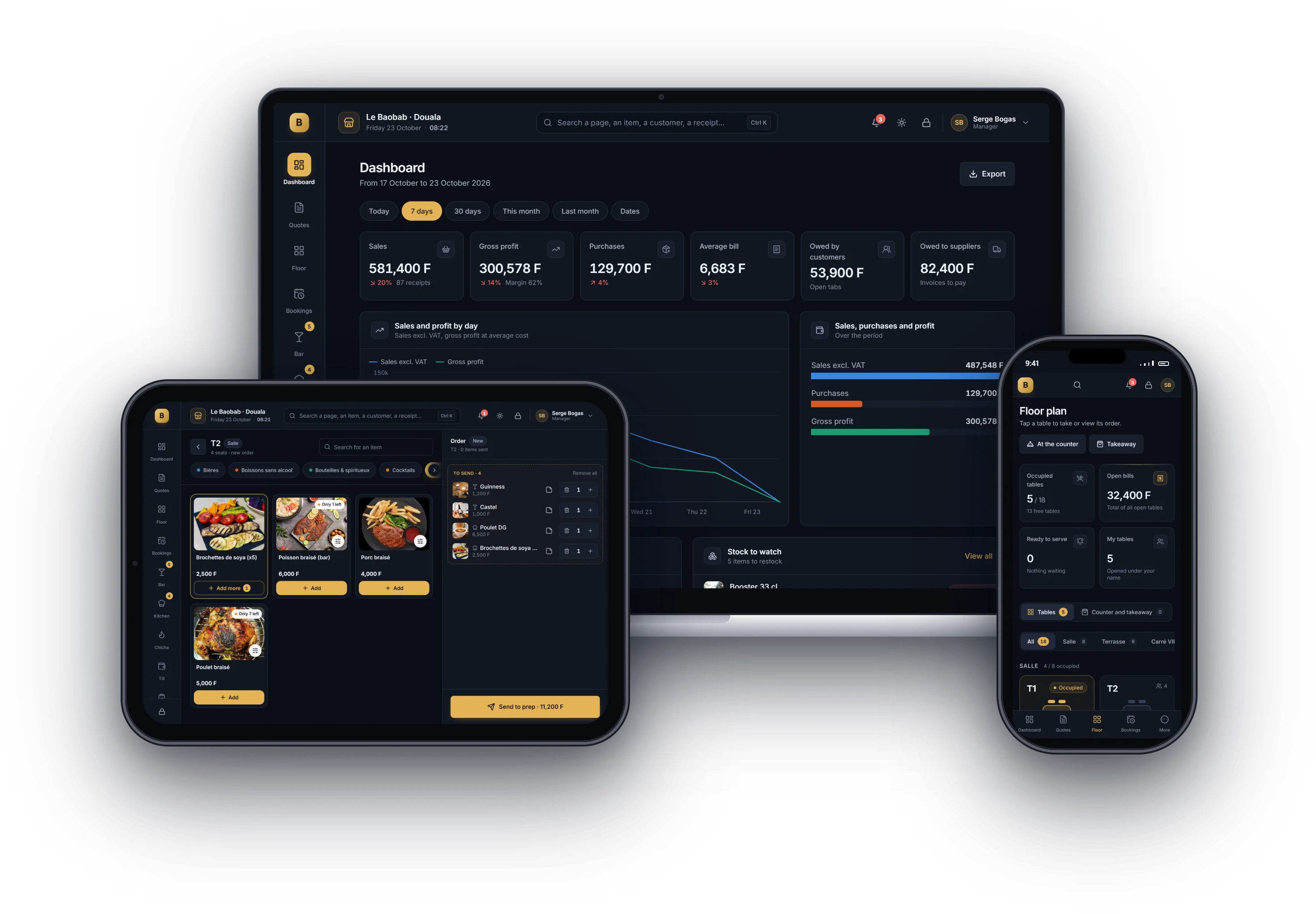 Bogas POS on a computer, tablet and phone: dashboard, order taking and floor plan
