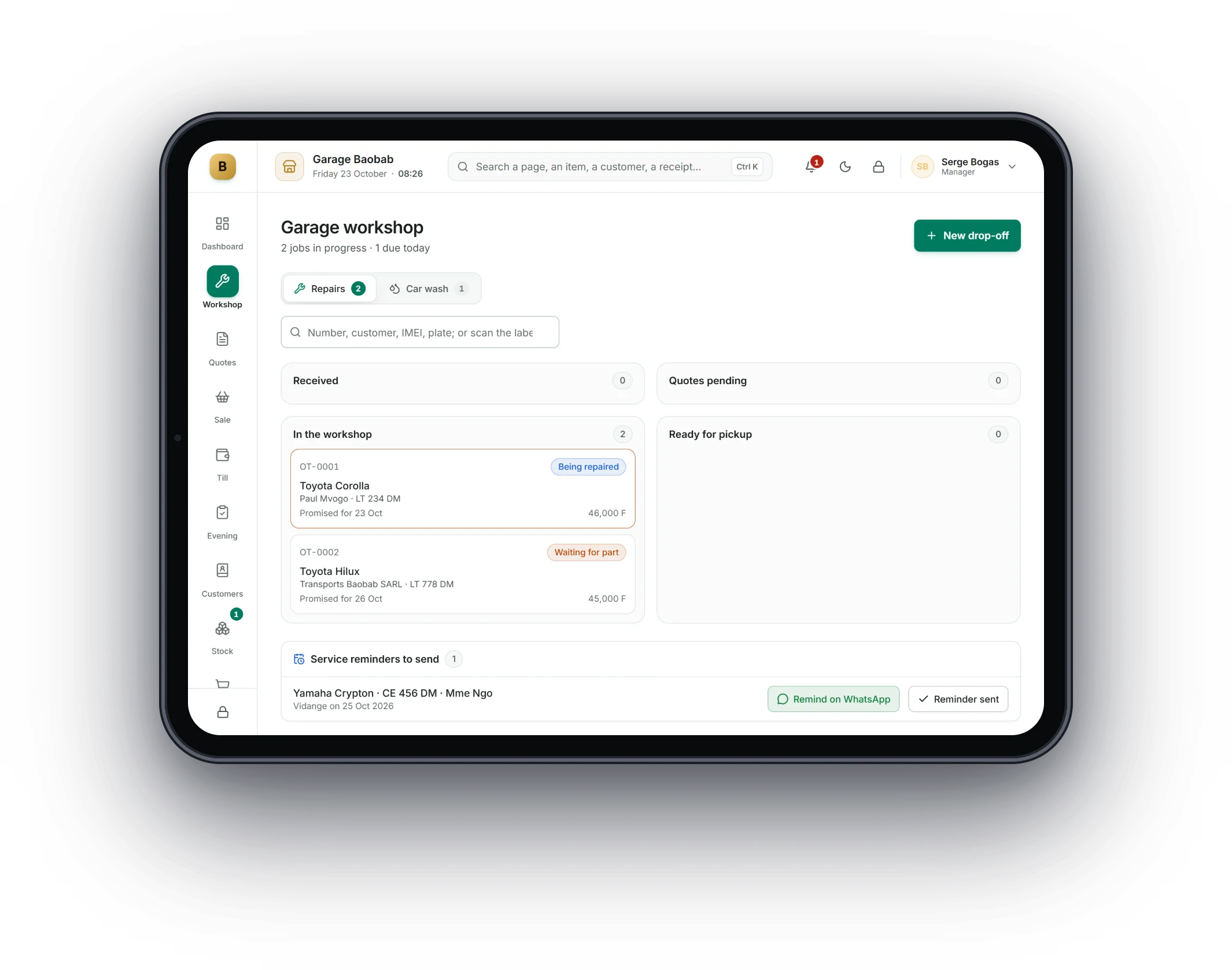 Bogas POS on a tablet: Garages and auto parts