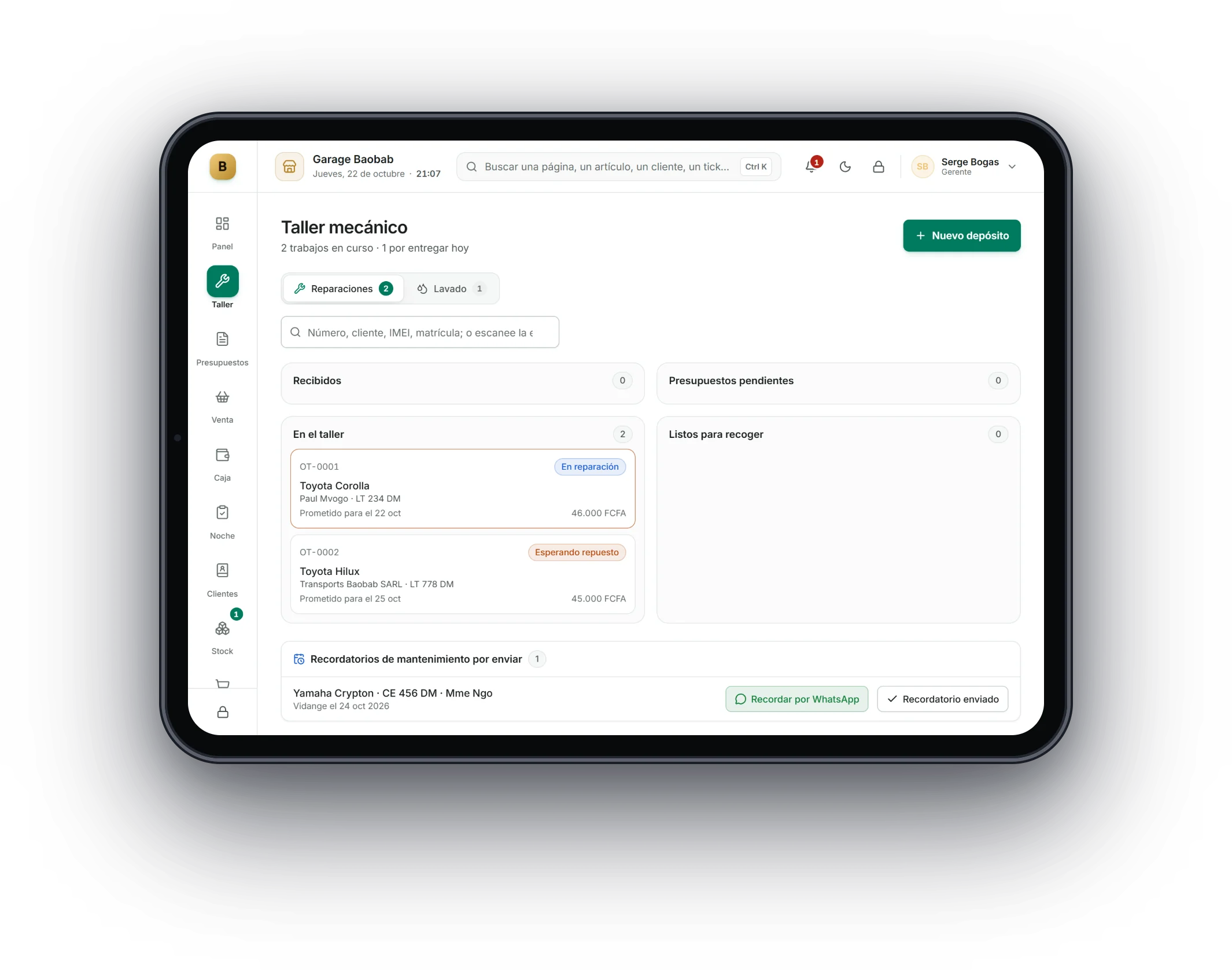 Bogas POS en una tableta: Talleres y repuestos