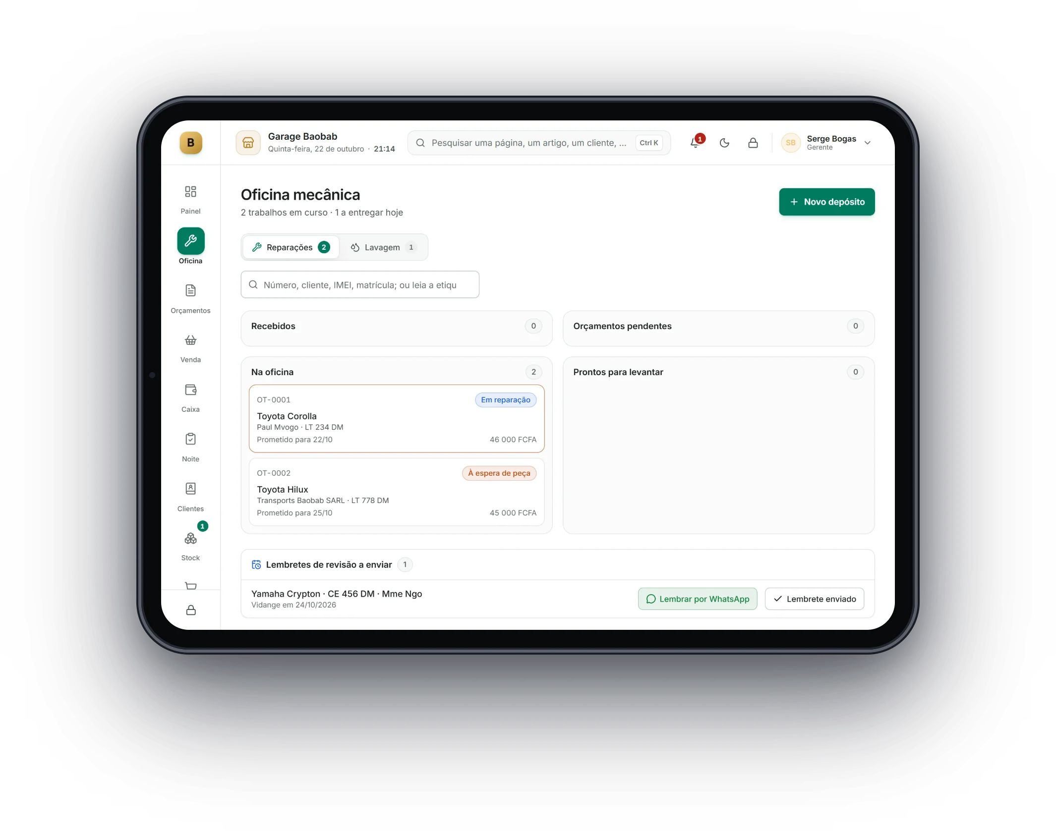 Bogas POS num tablet: Oficinas e peças auto