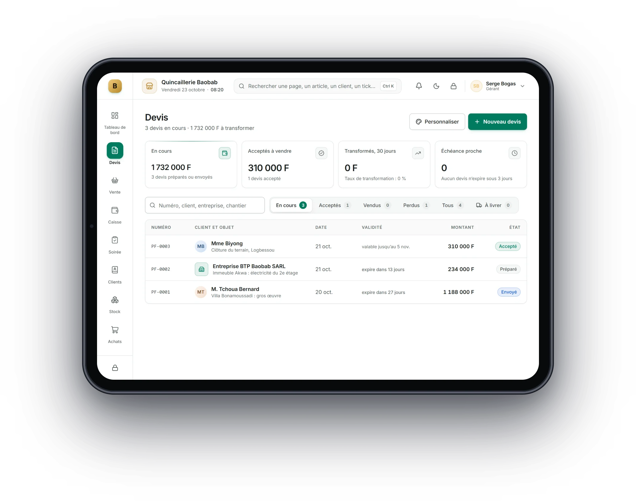 Bogas POS sur tablette : Quincailleries et matériaux