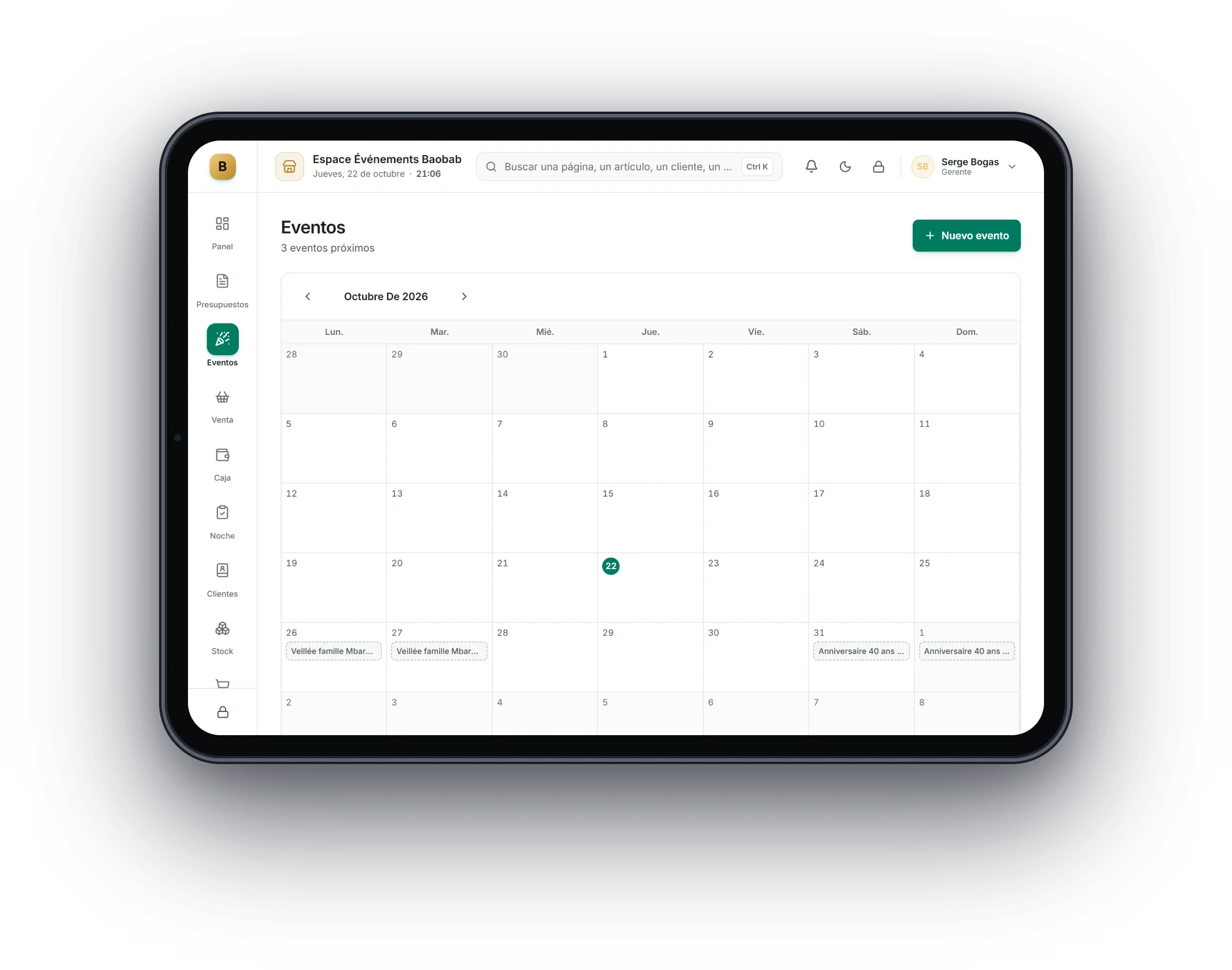 Bogas POS en una tableta: Salones y eventos