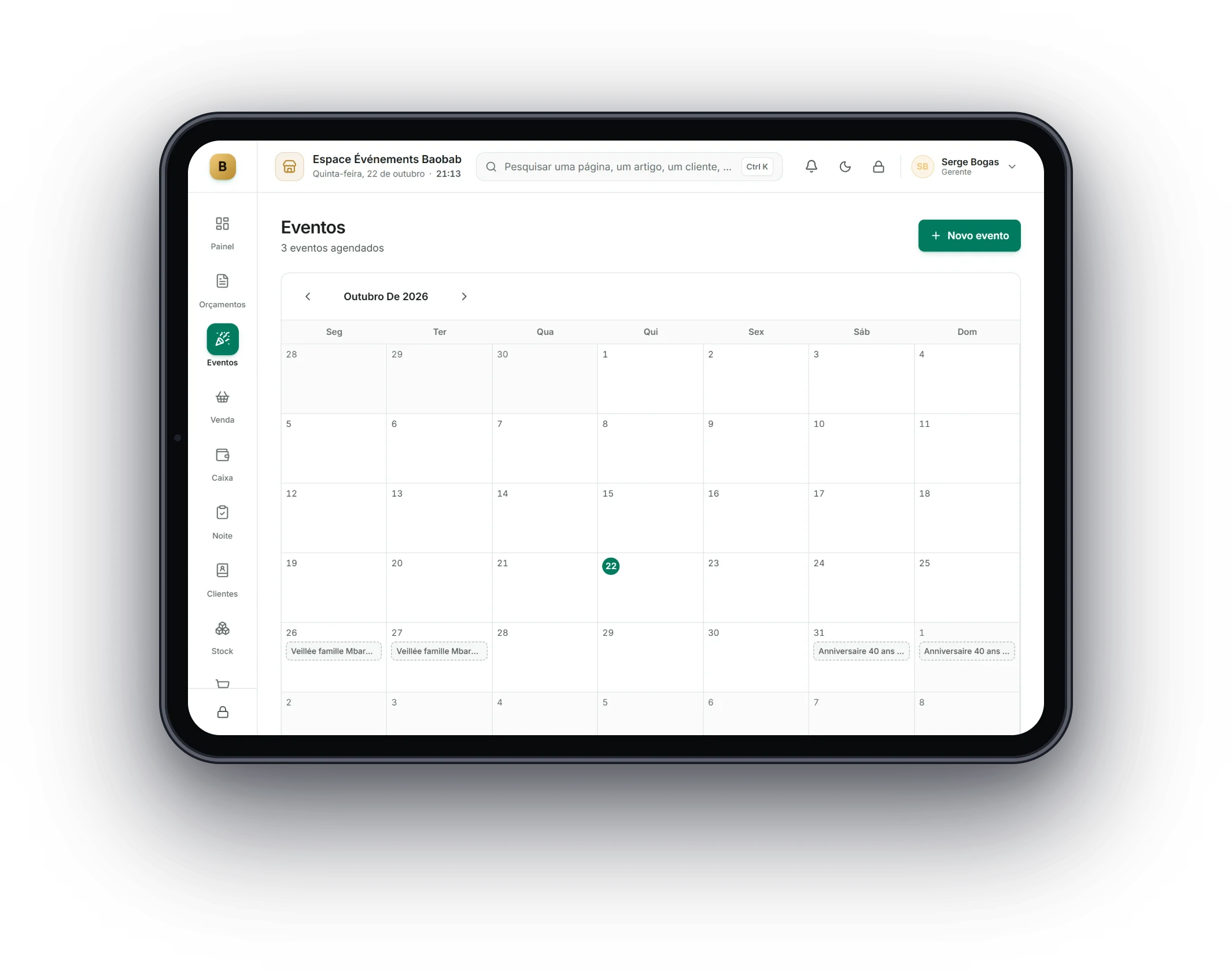 Bogas POS num tablet: Salões e eventos