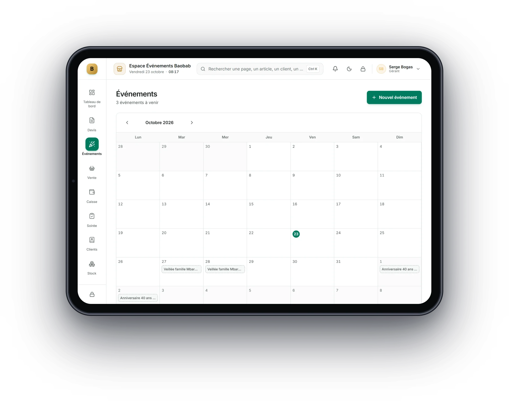 Bogas POS sur tablette : Salles et événements