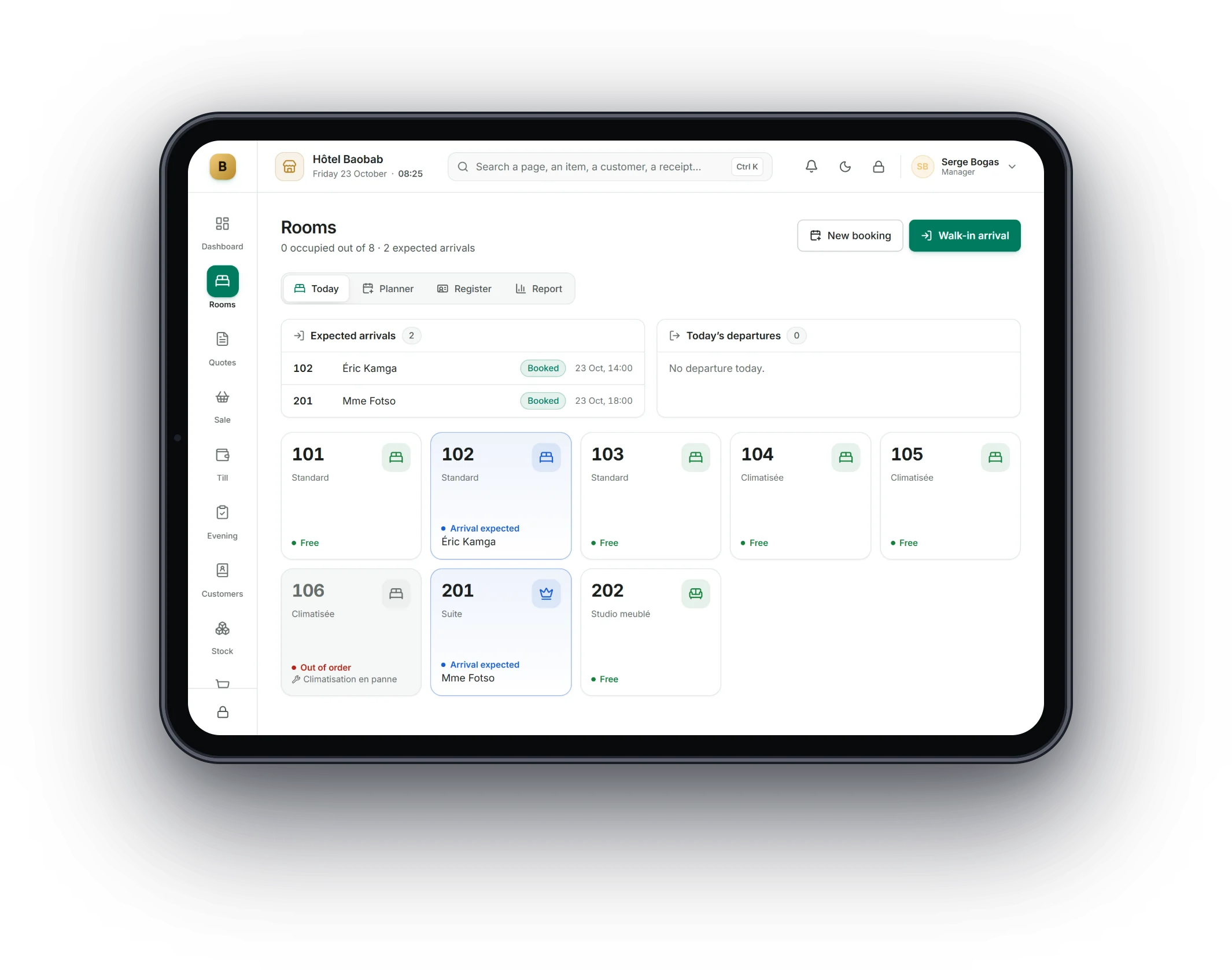 Bogas POS on a tablet: Hotels and lodging