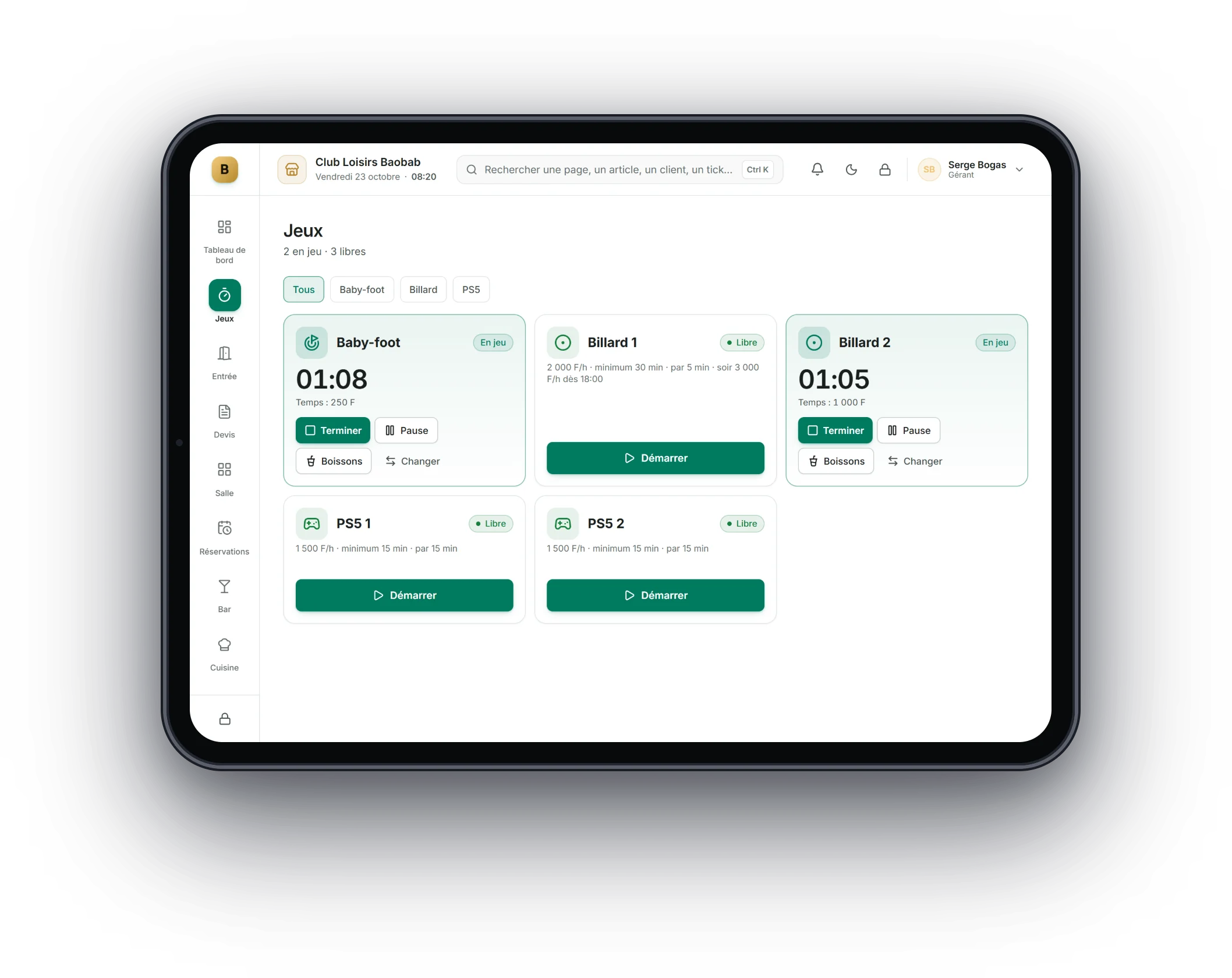 Bogas POS sur tablette : Boîtes de nuit et loisirs