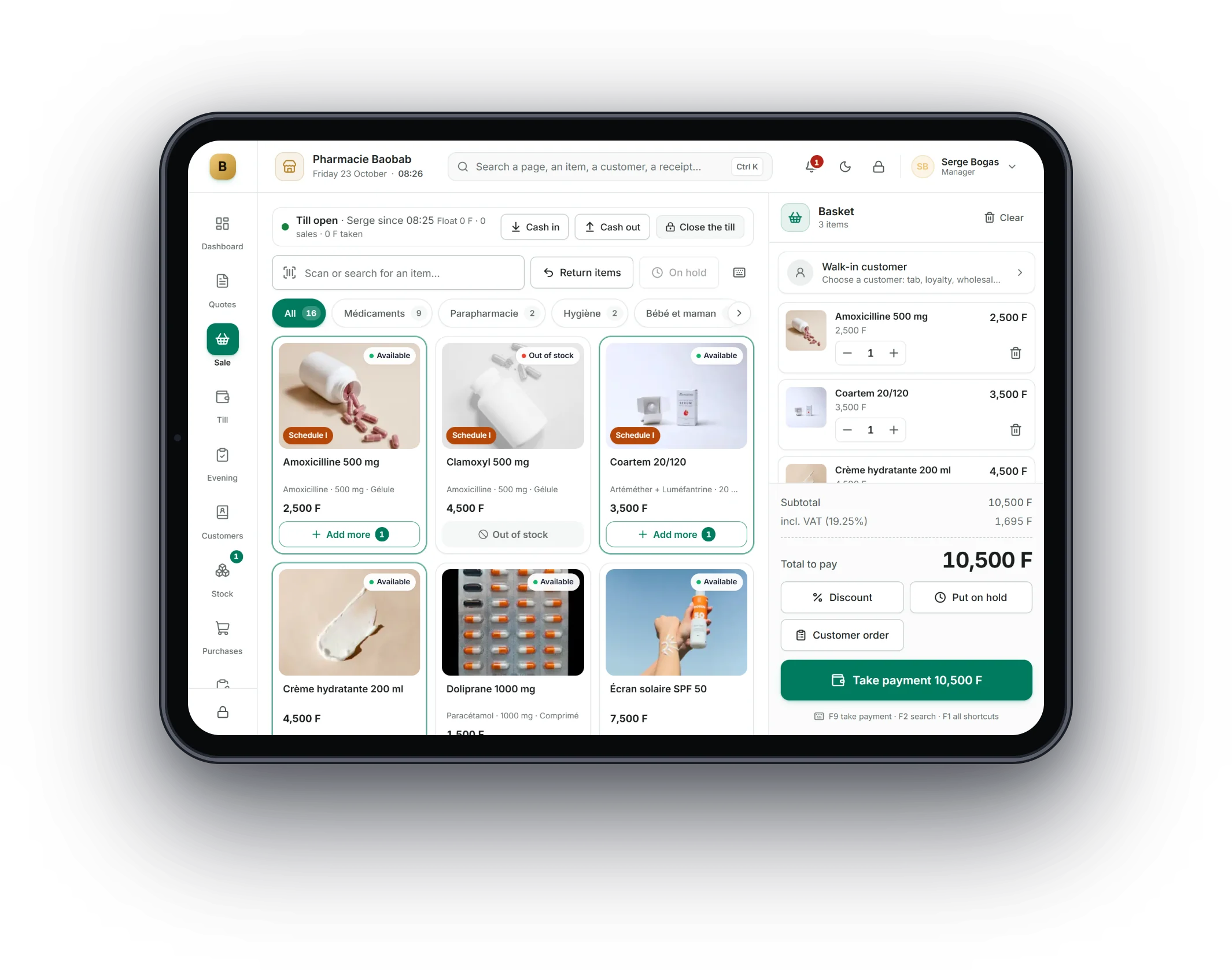 Bogas POS on a tablet: Pharmacies